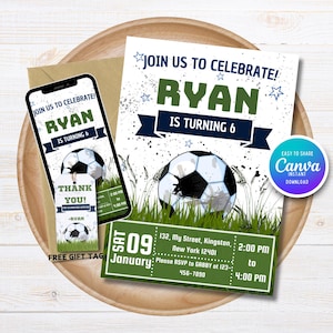 Invito a calcio, biglietto d'auguri modificabile con download immediato, modello di invito a calcio modificabile, invito per festa di compleanno per ragazzi, invito per festa di calcio