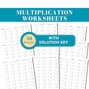 May include: A collection of multiplication worksheets with a solution key. The worksheets are printed on white paper and feature multiplication problems. The image includes the text "MULTIPLICATION WORKSHEETS", "50 PAGES", and "WITH SOLUTION KEY".