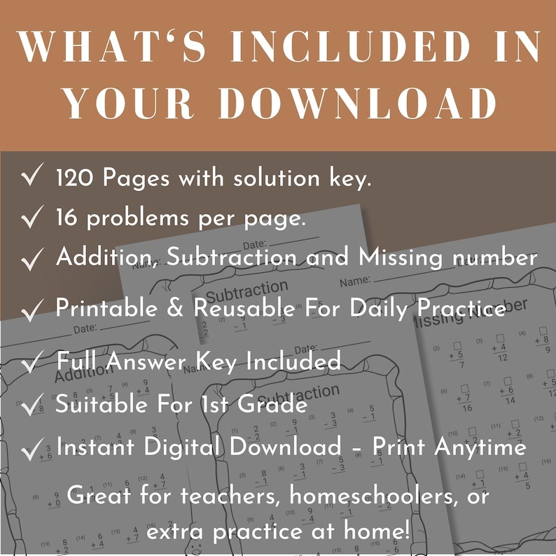 Printable 1st grade math worksheet bundle including grade 1 addition worksheet, first grade subtraction practice, and early math printable activities. Perfect for homeschool or classroom learning, with clean printable format ideal for daily math drills and review.