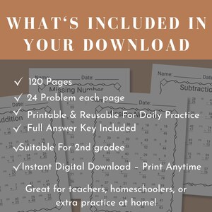 May include: Image of printable math worksheets for 2nd grade students. The worksheets include addition, subtraction, and missing number problems. The download includes 120 pages, a full answer key, and is suitable for daily practice.