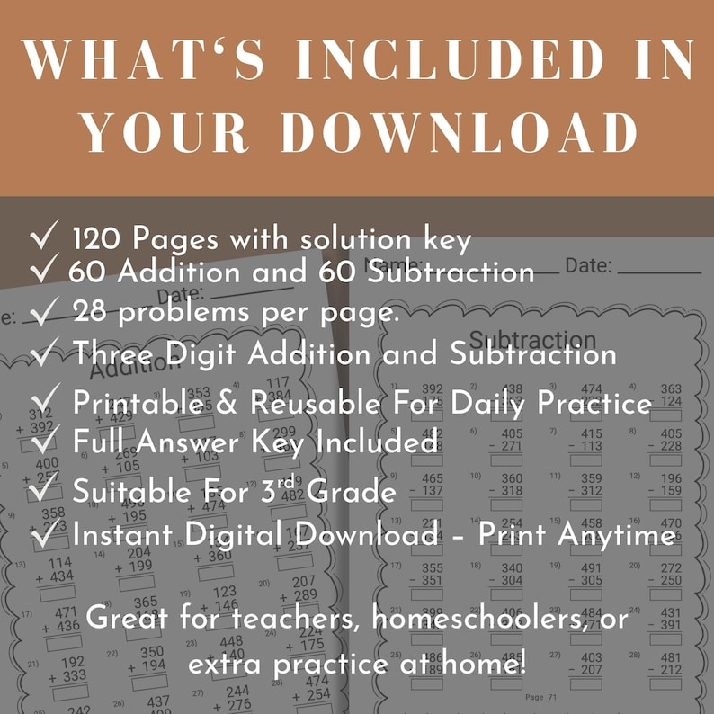 Printable addition worksheet for 3rd grade students, ideal for classroom use or homeschool curriculum. This teacher-approved resource aligns with grade 3 math standards and provides instant download access for easy practice at home or in school.