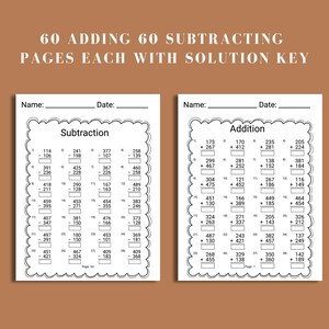3rd grade math worksheet printable addition and subtraction homeschool resource for third and fourth grade students math sheets with solution key addition table and subtraction practice drills