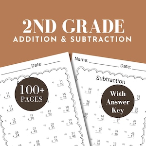 Hoja de trabajo de segundo grado, suma de matemáticas, imprimible, descarga instantánea, libro de trabajo para estudiantes de segundo grado, hoja de trabajo de resta de dos dígitos
