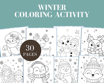 Dibujos para colorear de invierno, animales dibujados a mano para niños en edad preescolar y jardín de infantes. Descarga digital en PDF. Hojas de actividades de invierno con animales lindos.