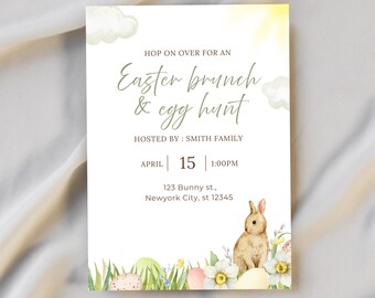 Invito alla caccia alle uova di Pasqua, stampabile, modificabile, invito per festa del brunch pasquale, modello Canva, download digitale istantaneo, decorazioni pasquali per la famiglia primaverile