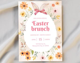 Invito alla caccia alle uova di Pasqua, stampabile, modificabile, invito per festa del brunch pasquale, modello Canva, download digitale istantaneo, decorazioni pasquali per la famiglia primaverile