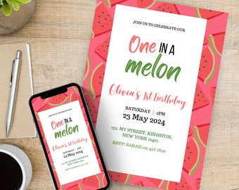 Melon Party Invitation Digital Birthday Invitation Girl First Birthday Party Boy First Watermelon Party Invite Summer Girl Invitation