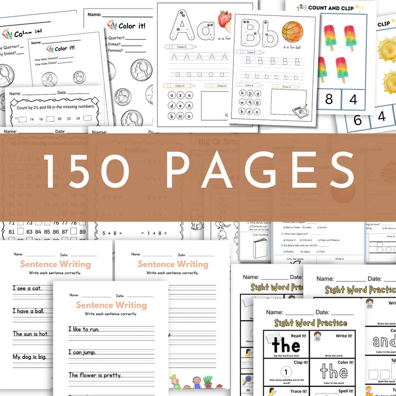 kindergarten and 1st grade summer review printable worksheet pack over 1000 pages including math practice reading comprehension alphabet tracing flash cards sentence writing skip counting addition