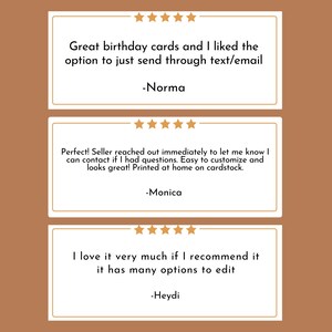 May include: Three white rectangular cards with gold borders and star ratings. The cards contain customer reviews about birthday cards. The reviews mention sending cards via text/email, customization, and options to edit.