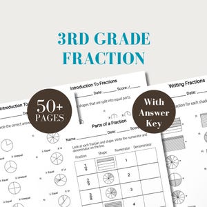 May include: Educational 3rd grade fraction worksheets with over 50 pages. The worksheets include exercises on identifying fractions, writing fractions, and parts of a fraction. Includes an answer key. The text on the image says "3rd Grade Fraction".