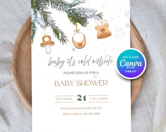 Invito per baby shower invernale "Fa freddo fuori", modello modificabile, invito per baby shower neutro, Natale, inverno, digitale
