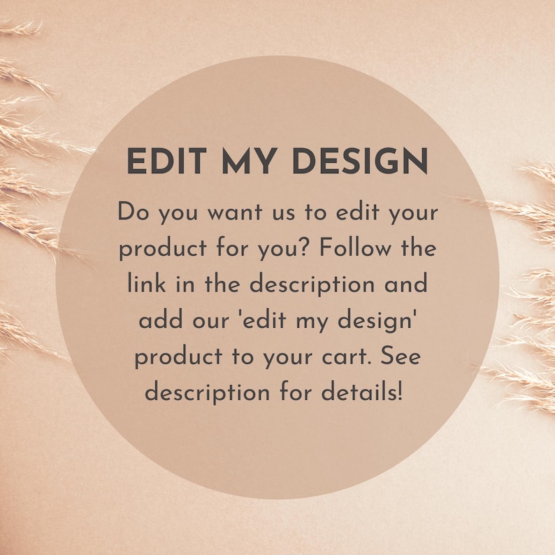 May include: A circular graphic with the text "EDIT MY DESIGN" in dark gray. Below, the text reads: "Do you want us to edit your product for you? Follow the link in the description and add our 'edit my design' product to your cart. See description for details!"