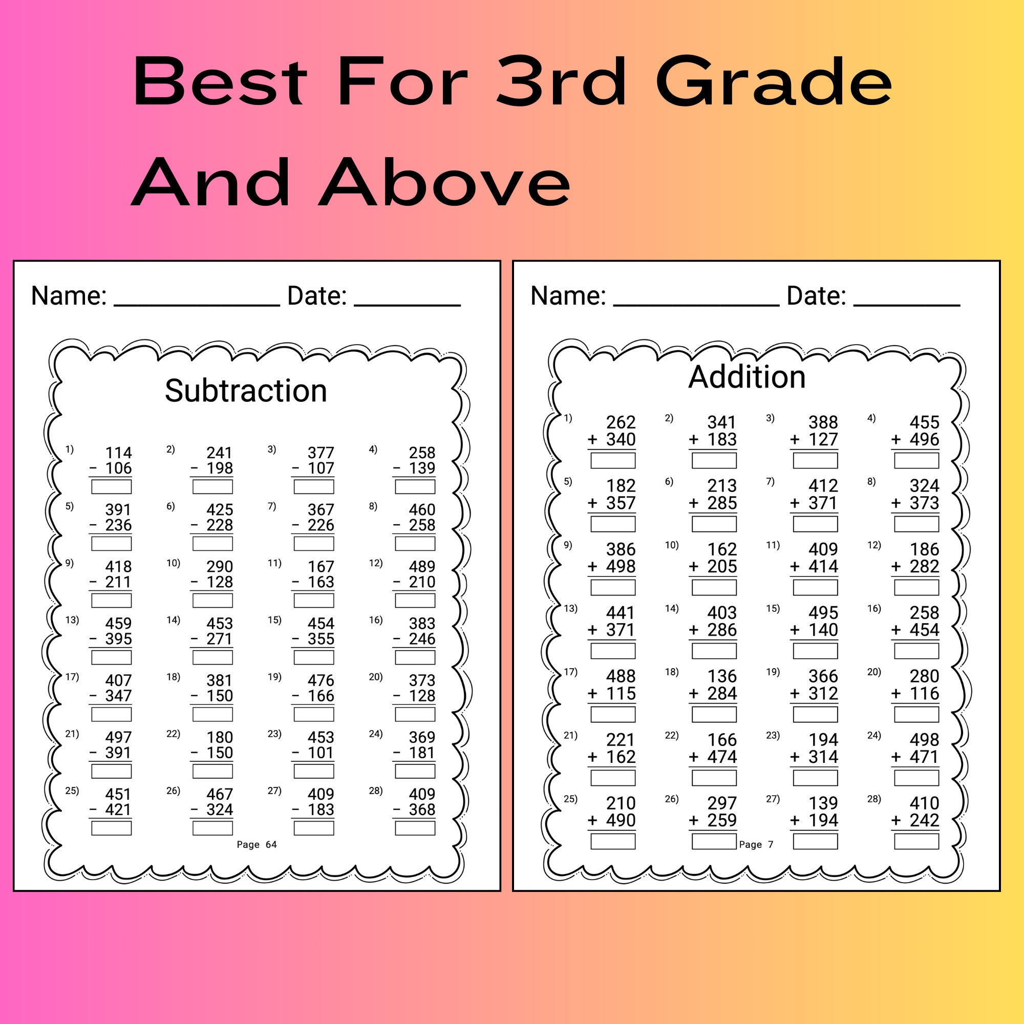 3rd Grade Math Worksheet Addition Subtraction 3rd Grade - Etsy
