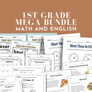 May include: A collection of printable worksheets for 1st grade math and English. The worksheets include sight word practice, addition, subtraction, telling time, and reading comprehension exercises. The title "1ST GRADE MEGA BUNDLE MATH AND ENGLISH" is displayed at the top.