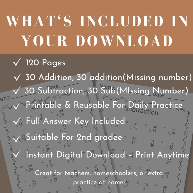Second grade worksheet addition math printable year 2 worksheet instant download 2nd grader workbook double digit subtraction worksheet image 2