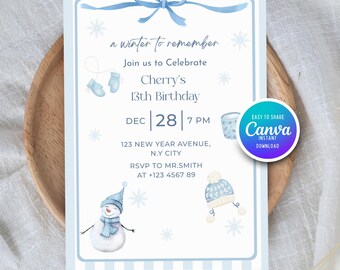 Invito di compleanno invernale, invito per festa di compleanno con pupazzo di neve, invito di compleanno per bambini blu, modello Canva, invito stampabile, carta con download immediato