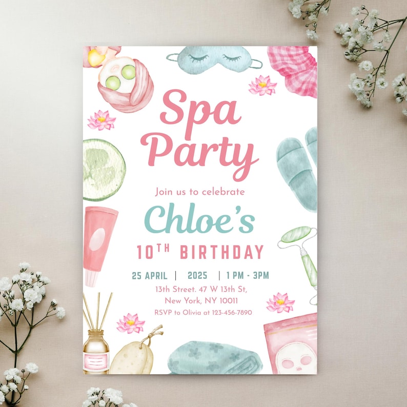 Spa day birthday invitation editable invite card digital download for tween girl pamper party printable spa birthday invite helps hosts create a trendy stylish party announcement in minutes
