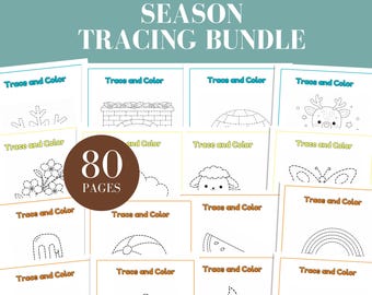 Pacchetto di attività di tracciamento per la scuola materna: tutte le stagioni, schede di tracciamento e colorazione, attività di motricità fine per la scuola dell'infanzia, stampabili in PDF. Inverno, primavera, estate, autunno.