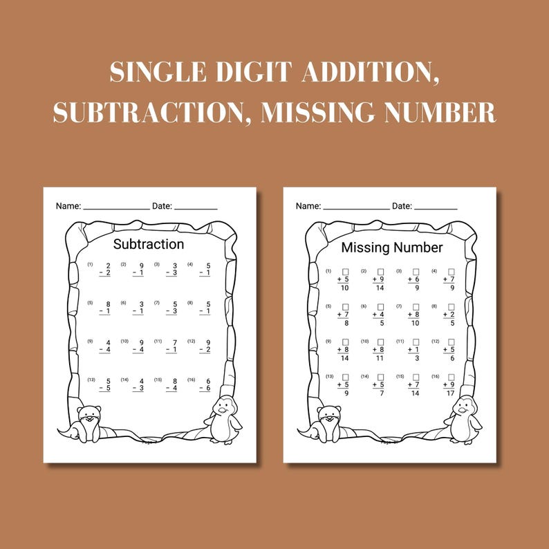 Grade 1 and grade 2 math worksheet printable set featuring beginner addition and subtraction problems for first grade level. Educational printable PDF designed to help kids develop foundational math skills with consistent practice at home or school.