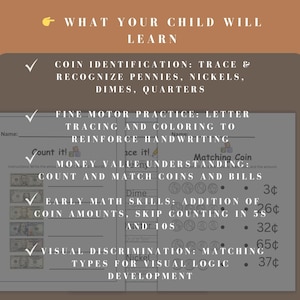 Printable U.S. money workbook for kids with coin identification, dollar bill counting, and matching money values. This instant download helps students master coin names, values, and combinations with engaging tracing, coloring, and counting worksheets ideal for grade 1 and 2.