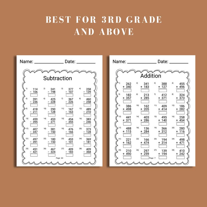 third grade math worksheet homeschool printable for addition subtraction includes 60 addition worksheets and 60 subtraction worksheets math drills for grade 3 and 4 students with answer key