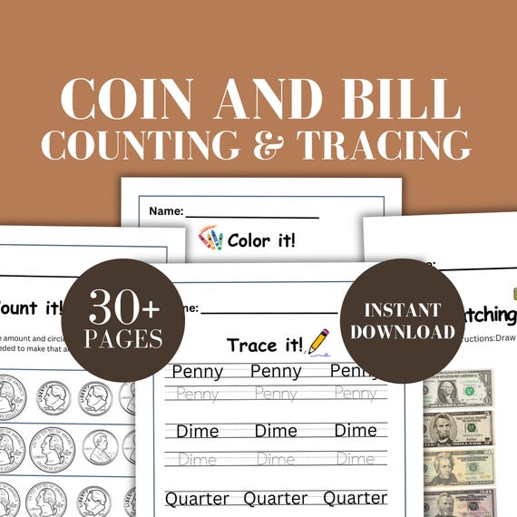 Us money counting worksheet kid coin bill workbook identifying coin printable american currency worksheet instant download money worksheet