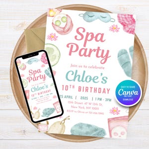 以下が含まれることがあります： キュウリ、アイマスク、フェイスマスクなど、スパ関連のアイテムの水彩イラストが描かれたスパパーティーの招待状。クロエの10歳の誕生日パーティーの招待状で、日付、時間、場所が記載されています。スマートフォンにも同じ招待状が表示されています。