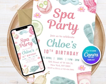 Tween Girl Spa Party Invitation Editable Invite Card Digital Download Pamper Birthday Invitation Spa Day Birthday Invite Card Printable
