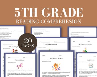 Può includere: Una raccolta di 20 pagine di esercizi di comprensione della lettura per la 5a elementare. I fogli di lavoro presentano racconti brevi come "Cappuccetto Rosso", "Jack e il fagiolo magico" e "La tartaruga e la lepre". Il titolo "5TH GRADE READING COMPREHENSION" è visibile.