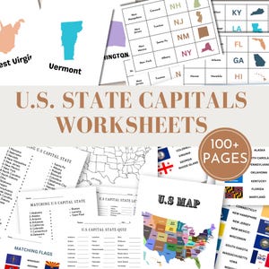 May include: A collection of U.S. State Capitals Worksheets, including maps, quizzes, and matching activities. The image features various educational materials with state flags and maps, designed for learning about U.S. states and capitals.