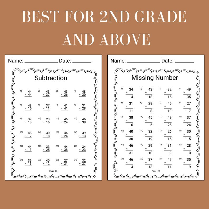 second grade worksheet addition math printable workbook double digit subtraction worksheet year 2 math practice instant download for 2nd graders homeschool and classroom early math skill development