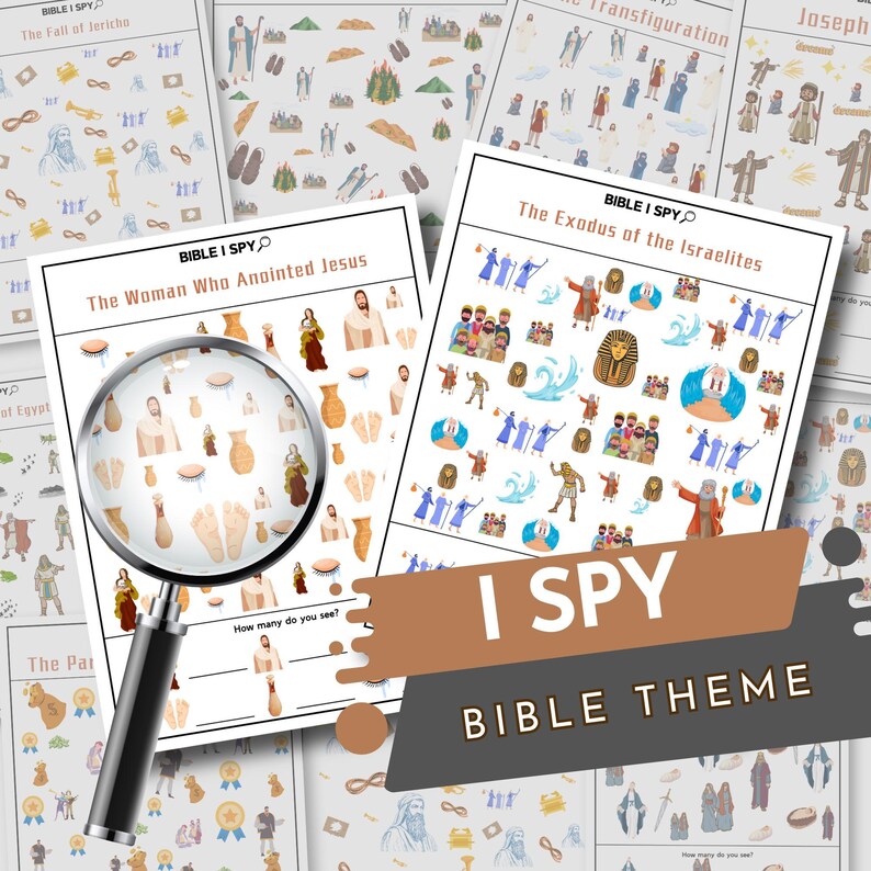 May include: Multiple "I Spy" activity sheets with a Bible theme. The sheets feature illustrations of biblical scenes and characters, with the text "I Spy" and "Bible Theme" prominently displayed. A magnifying glass is in the foreground.