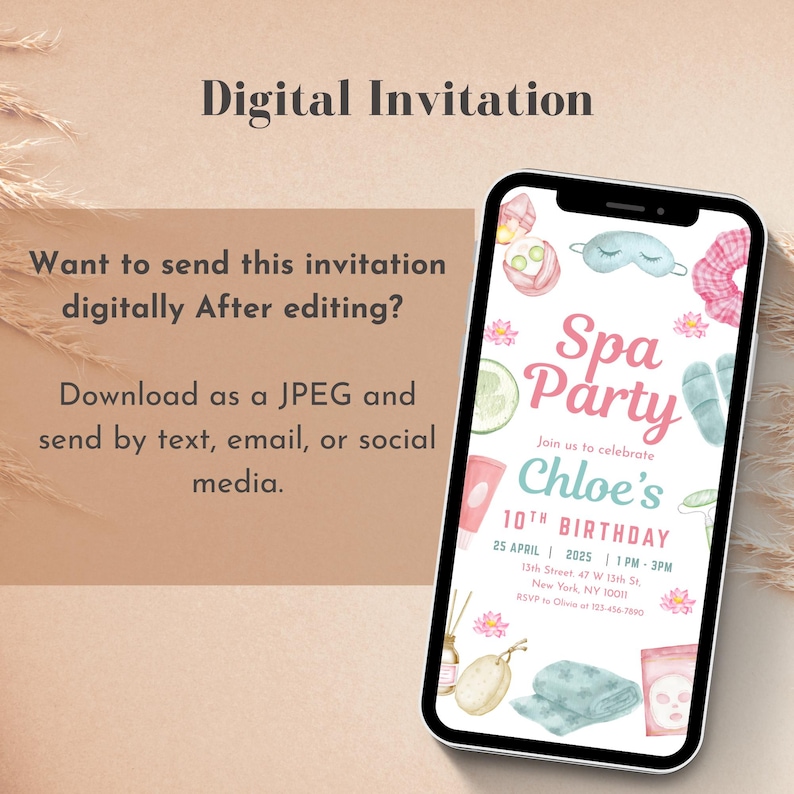 Editable spa birthday invitation printable invite card digital download designed for teen or tween pamper party giving parents a quick way to send a cute spa day birthday invitation with matching party theme