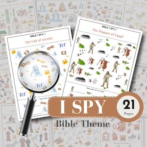 May include: A collection of Bible-themed I Spy activity pages. The pages feature illustrations of biblical scenes, including "The Fall of Jericho" and "The Plagues of Egypt." A magnifying glass is placed over one of the pages. The set includes 21 pages.
