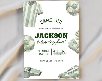 Inviti di compleanno a tema calcio per bambini, inviti per feste di calcio stampabili, inviti digitali per bambini, inviti per feste di compleanno a tema sportivo, modelli modificabili