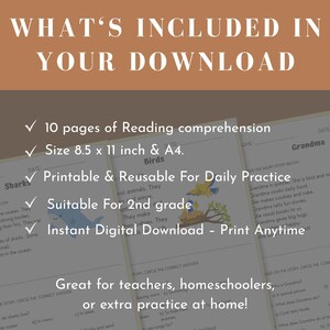 Second grade reading worksheet designed for 1st to 2nd grade prep includes printable reading fluency practice to support elementary homeschool education. This digital download features early reading comprehension exercises ideal for reinforcing literacy at home or in the classroom. Perfect for parents, teachers, and tutors helping young learners transition into second grade.