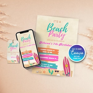 Invitación de cumpleaños de verano, invitación a fiesta de cumpleaños en la playa, invitación de voleibol de playa, invitación imprimible para niña en la playa, invitación a fiesta de playa de verano