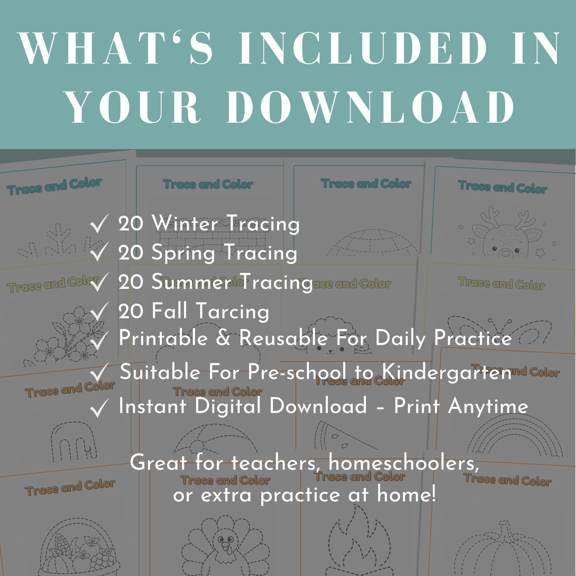 Trace and Color Worksheets Bundle Preschool Kindergarten All Seasons ...