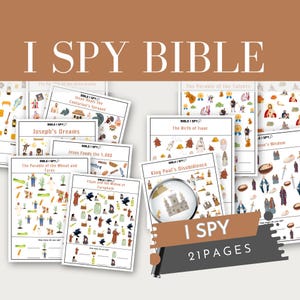May include: A collection of "I Spy Bible" activity pages. Each page features colorful illustrations and the text "I Spy" and "21 Pages". The pages cover various Bible stories, including "Joseph's Dreams" and "Jesus Feeds the 5,000".