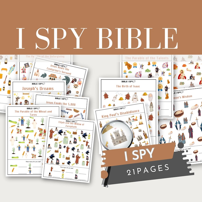 May include: A collection of "I Spy Bible" activity pages. Each page features colorful illustrations and the text "I Spy" and "21 Pages". The pages cover various Bible stories, including "Joseph's Dreams" and "Jesus Feeds the 5,000".