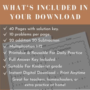 Printable 1st grade math worksheet pack with addition and subtraction problems for early learners, perfect for first grade homework or kindergarten review. Ideal for parents, teachers, and homeschoolers needing simple math practice worksheets for grade 1 students.