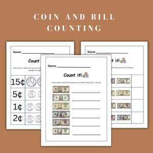 Money recognition worksheets for U.S. coins and bills designed for early learners. These printable PDF activities include count-it pages, traceable coin names, and color matching sheets that build familiarity with American currency and help kids develop real-world math confidence.