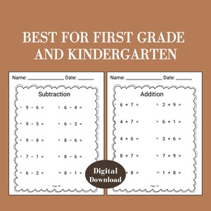 Grade 1 addition and subtraction worksheet printable with number sentence problems designed for first grade math homework or kindergarten enrichment. This digital download is great for extra practice, morning work, or math center activities for young learners.