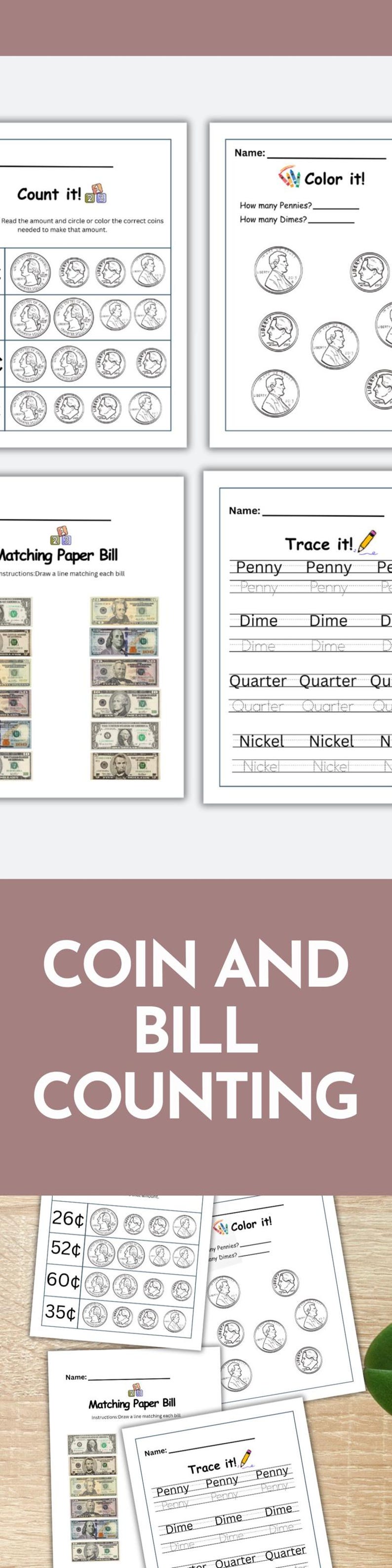 Us money counting worksheet kid coin bill workbook identifying coin printable american currency worksheet instant download money worksheet