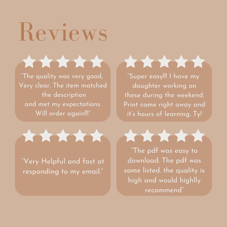 May include: A beige graphic with the word "Reviews" in a stylized font. Four customer reviews are displayed in rounded rectangles, each accompanied by a five-star rating. The reviews highlight product quality and customer service.