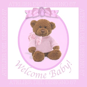 Baby bear clipart/birthday girl with pink bow/pink t-shirt/baby shower/cake design/mothers blog/work on paper/decoupage.