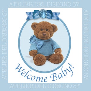 Blue baby bear digital print/birth with bow/blue t-shirt/male birth/Baby shower/cake design/mothers blog/birth invitations.