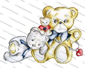 Happy Bears clipart/ illustration de famille d'ours/ dessin pour enfants/ aquarelle/ ligne d'encre/ créez votre propre invitation personnalisée