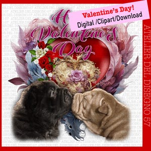 Valentinstag mit liebevollen Hunden, 300 Dpi digitaler Download, Verlobtenparty, Hunde küssen sich, Clipart, druckbare Grußkarte für Liebende