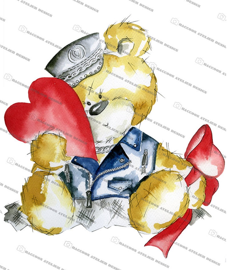 Teddy Bear Clipart/Bear and Heart Illustration/Biker Bear Drawing/Valentine's Day/Romantic Cards/Create your own custom projects image 1